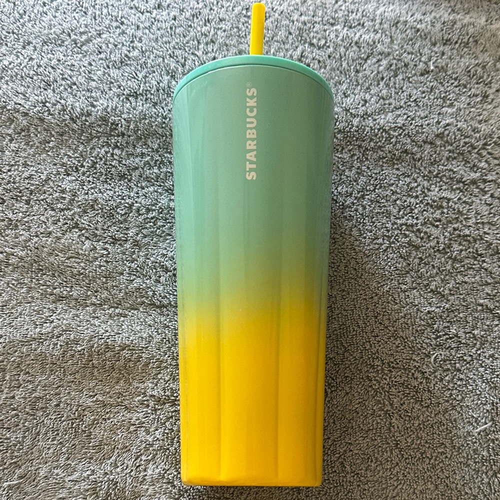 Starbucks Gradient Teal to Yellow stainless steel 24oz Tumbler with Yellow Straw
